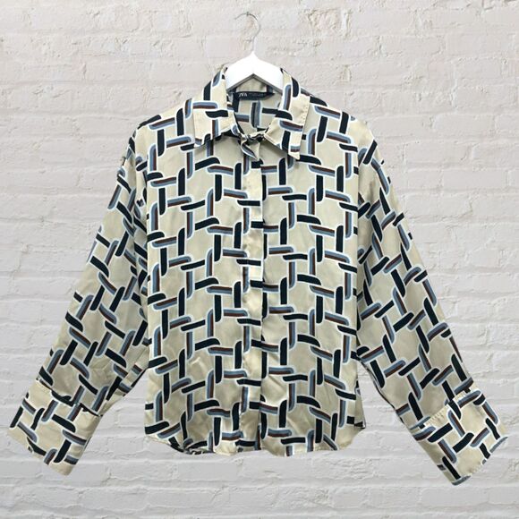 Zara Satin Retro Shirt Geo Chain Cream Blue Button Up Silky Collared Size S - Picture 2 of 16